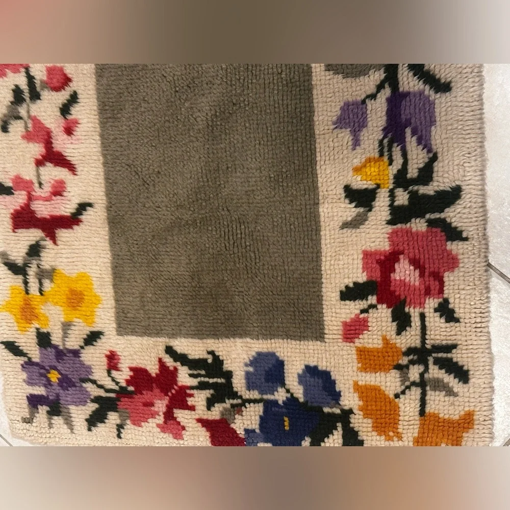 Vintage Floral Hooked Rug in Olive, Cream, Red, Blue, Yellow